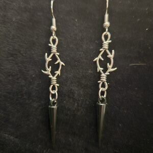 Antique silver "barbed wire" and black spike dangle earrings
